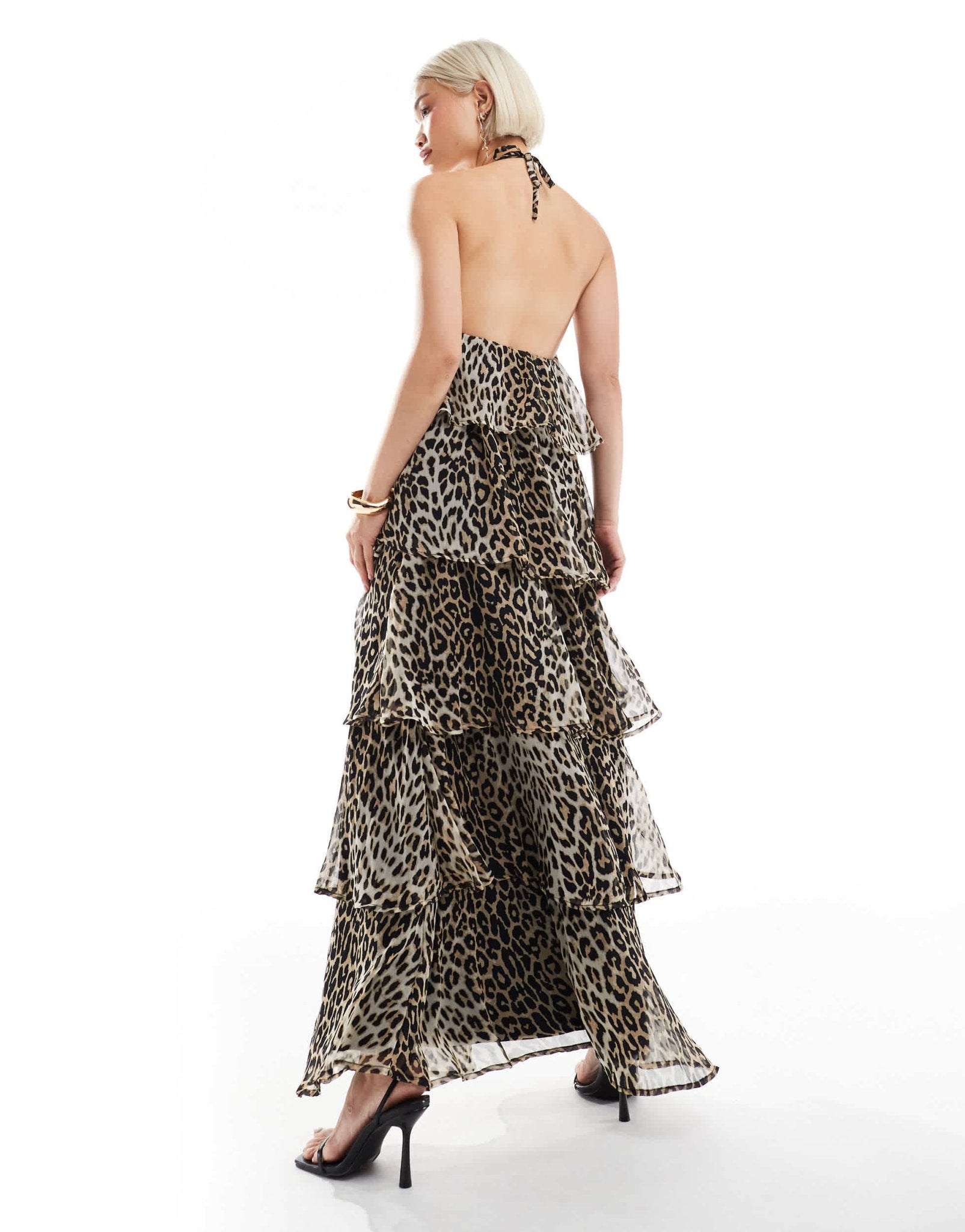 Pieces ruffle tiered maxi dress with corsage detail in leopard print - ASOS Sample Sale