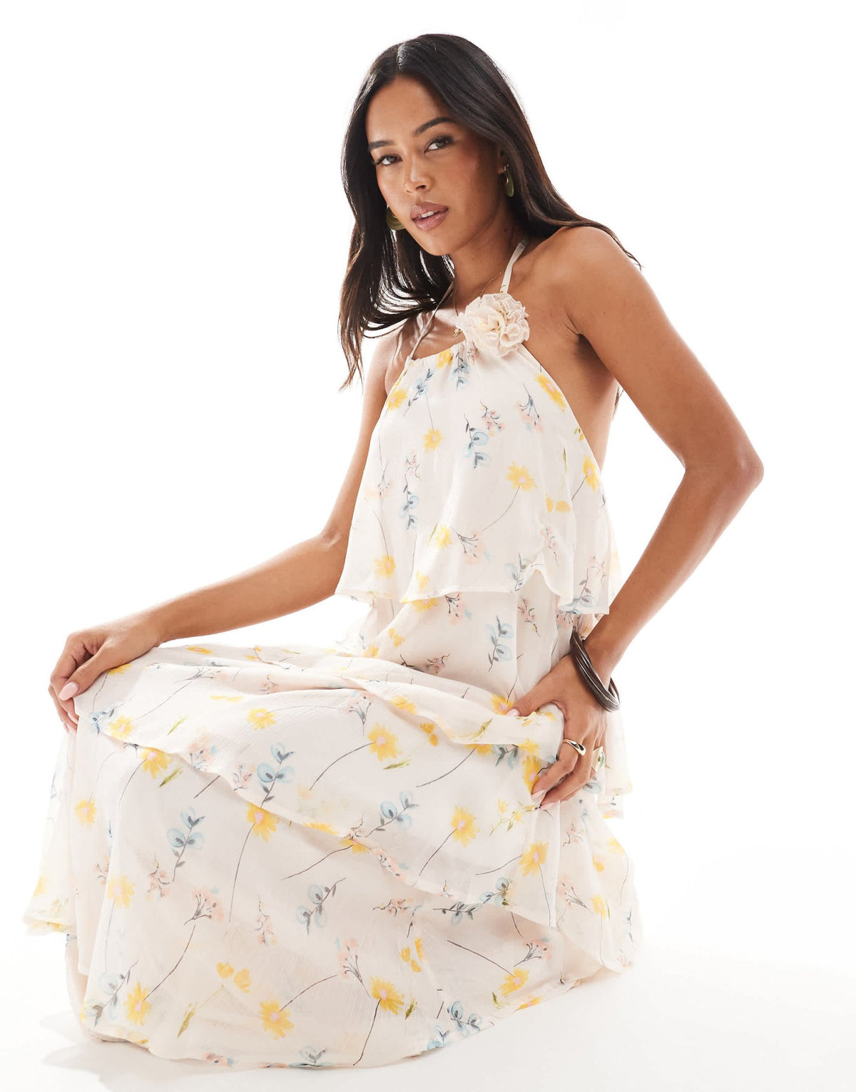 Pieces ruffle tiered maxi dress with corsage detail in pale pink floral print - ASOS Sample Sale