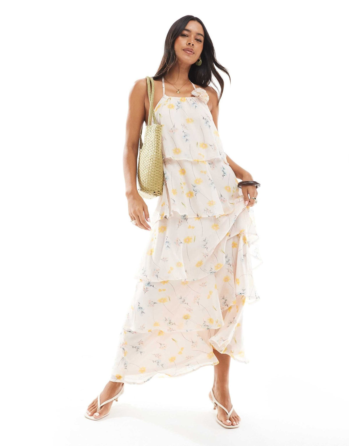 Pieces ruffle tiered maxi dress with corsage detail in pale pink floral print - ASOS Sample Sale