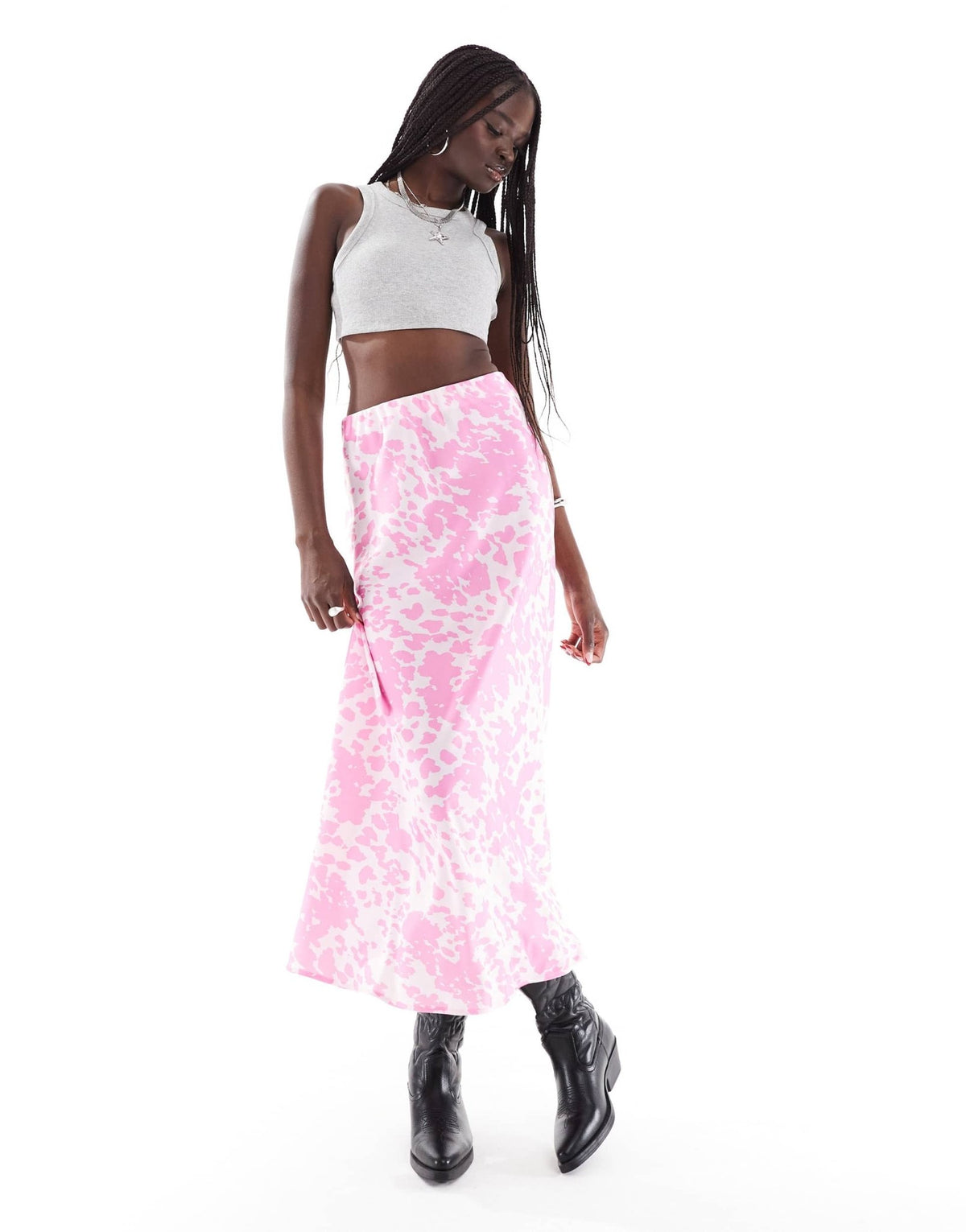 Pieces satin maxi skirt in pink cow print - ASOS Sample Sale