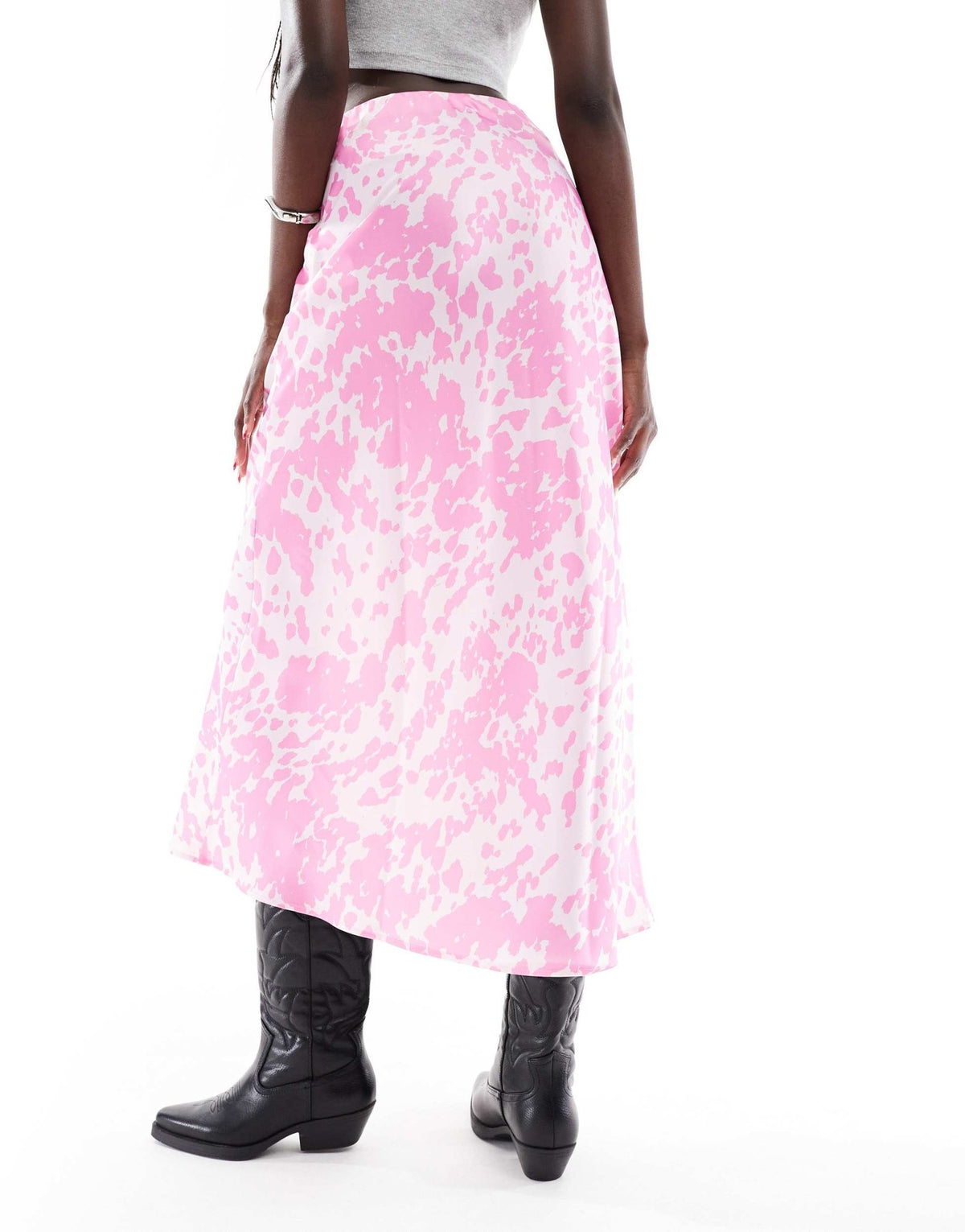 Pieces satin maxi skirt in pink cow print - ASOS Sample Sale