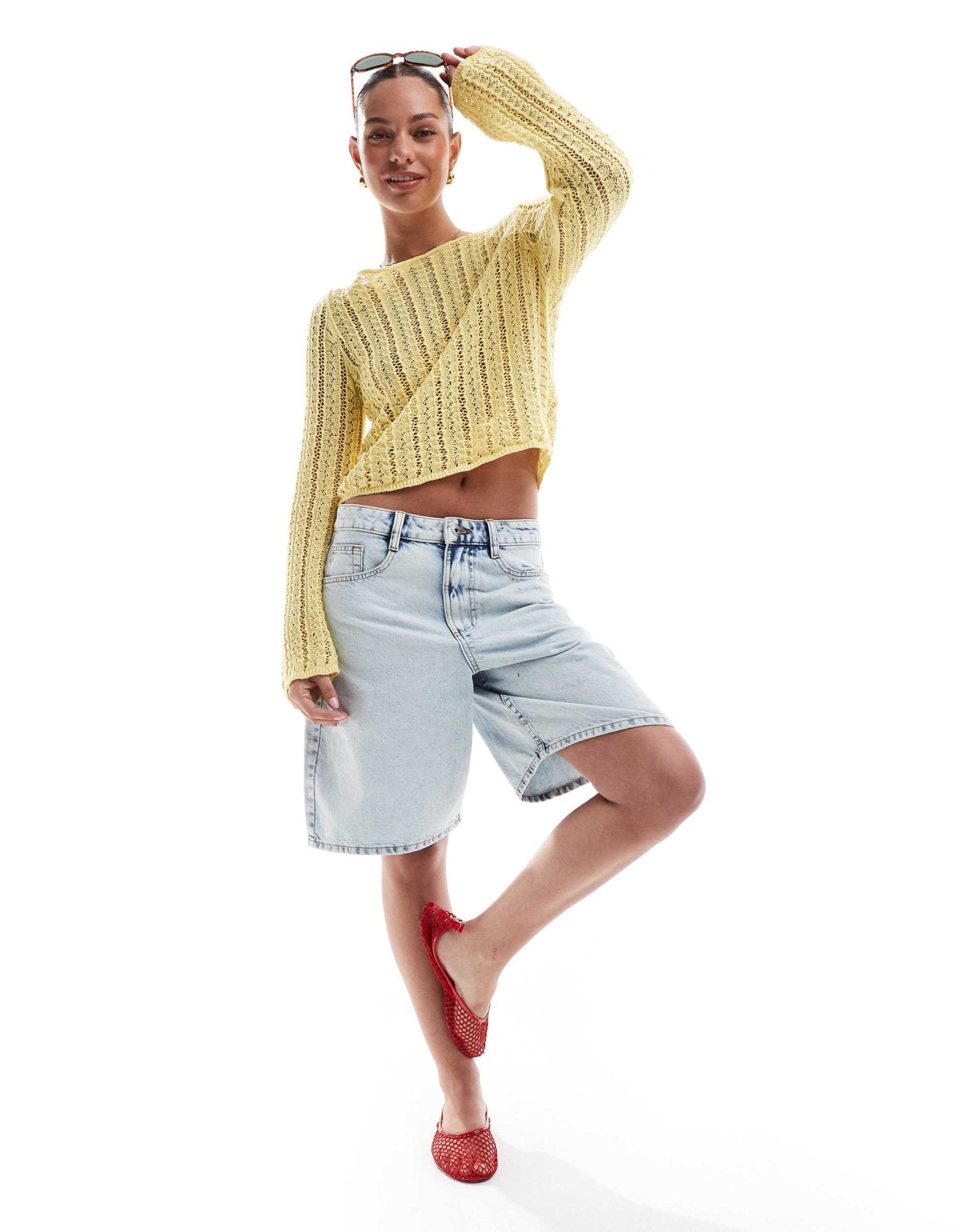 Pieces self stripe crochet knit cropped top in banana yellow - ASOS Sample Sale