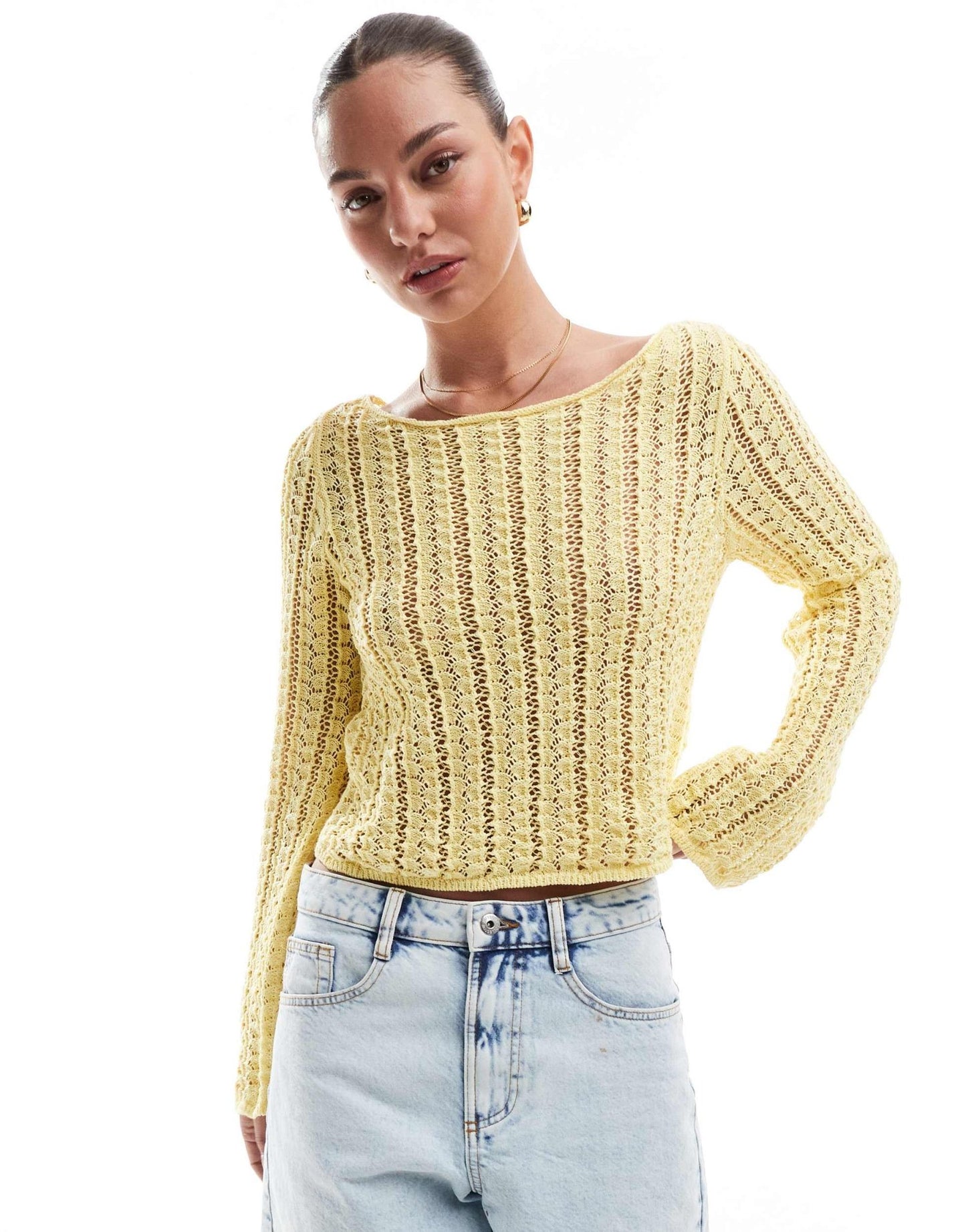 Pieces self stripe crochet knit cropped top in banana yellow - ASOS Sample Sale