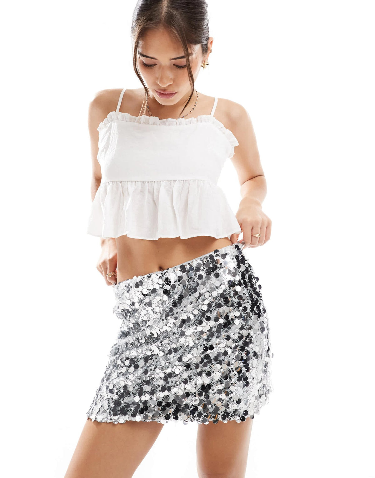 Pieces sequin mini skirt in silver - ASOS Sample Sale