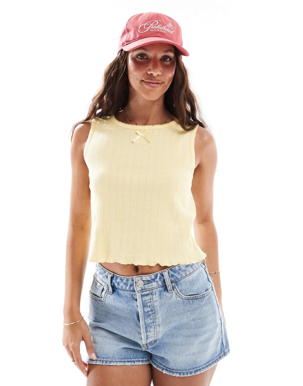 Pieces sleeveless cropped pointelle top with bow trim in pale banana - ASOS Sample Sale