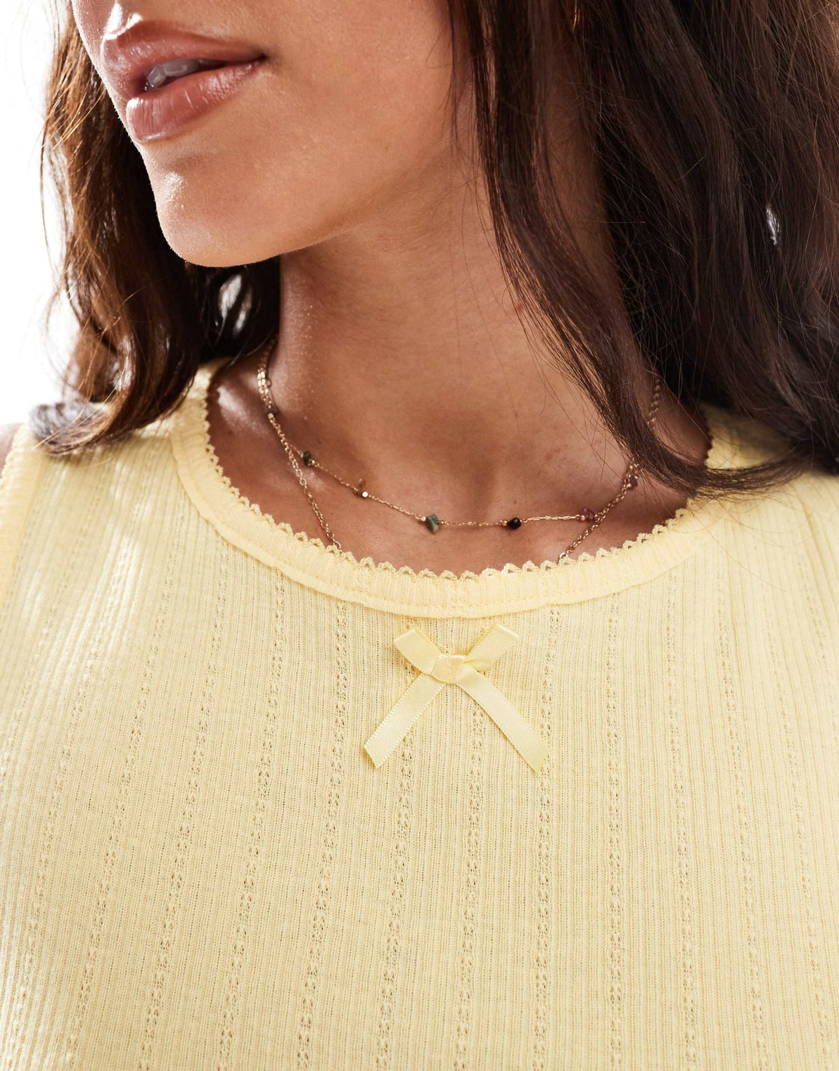 Pieces sleeveless cropped pointelle top with bow trim in pale banana - ASOS Sample Sale