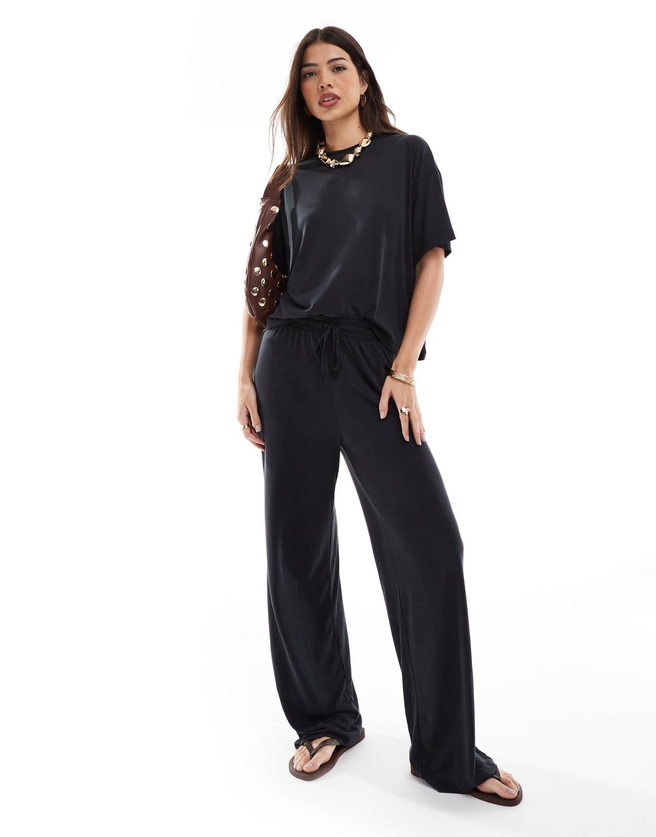 Pieces slinky super soft boxy t-shirt co - ord in black - ASOS Sample Sale