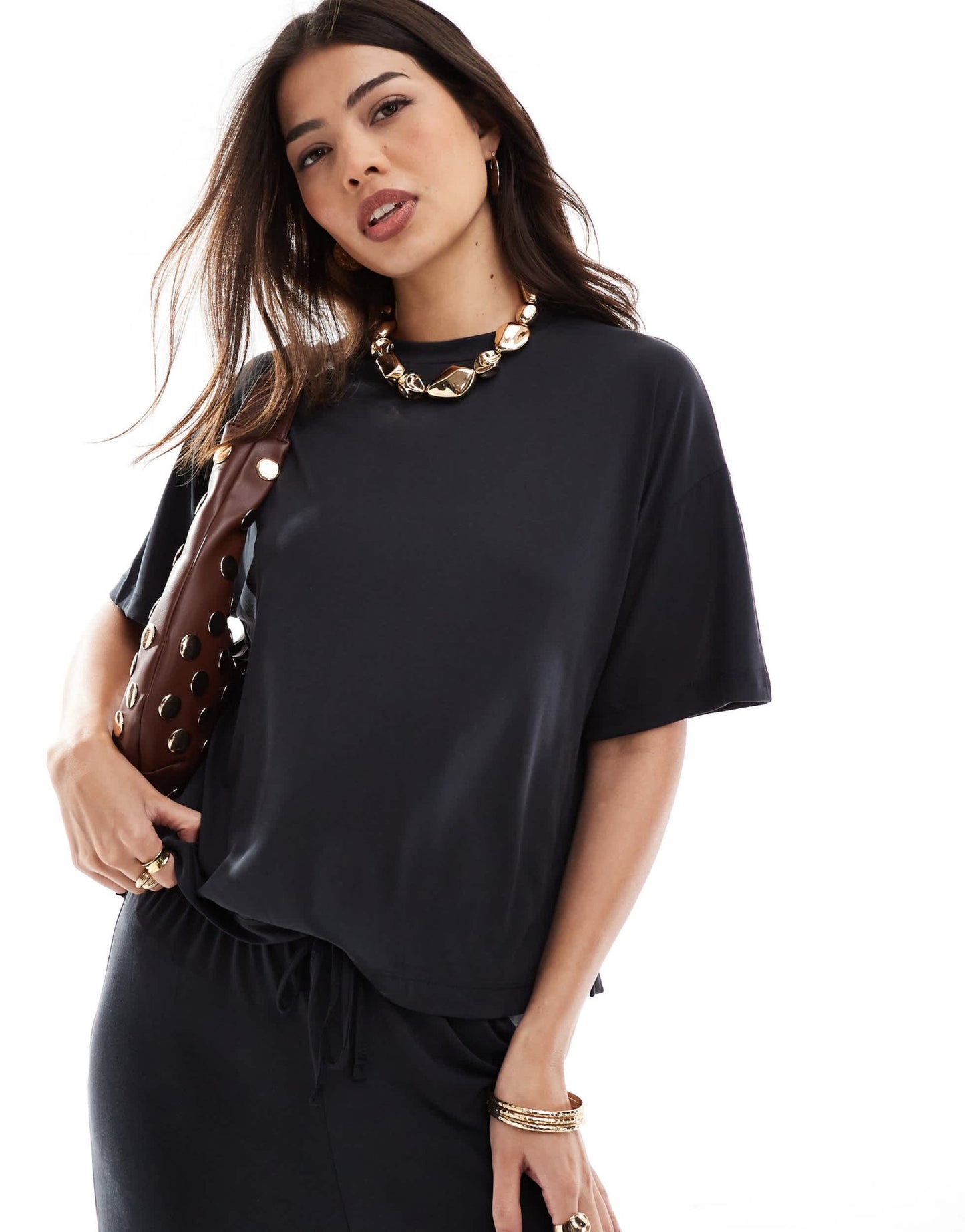 Pieces slinky super soft boxy t-shirt co - ord in black - ASOS Sample Sale