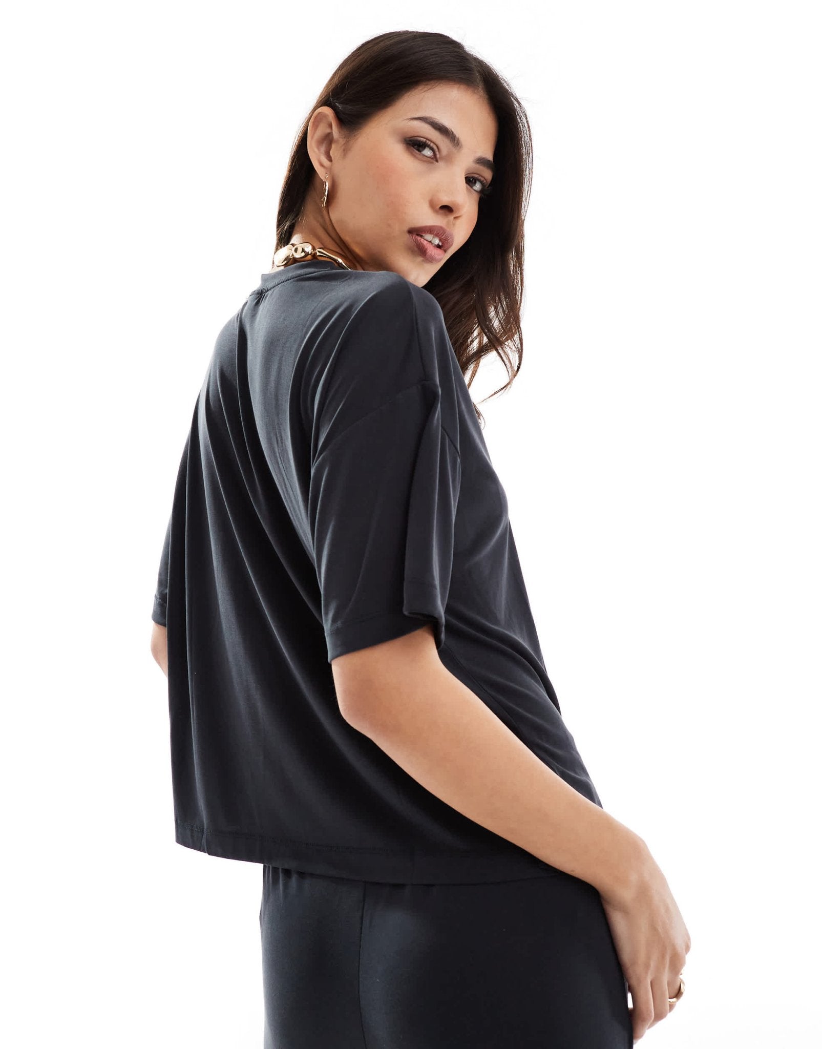 Pieces slinky super soft boxy t-shirt co - ord in black - ASOS Sample Sale