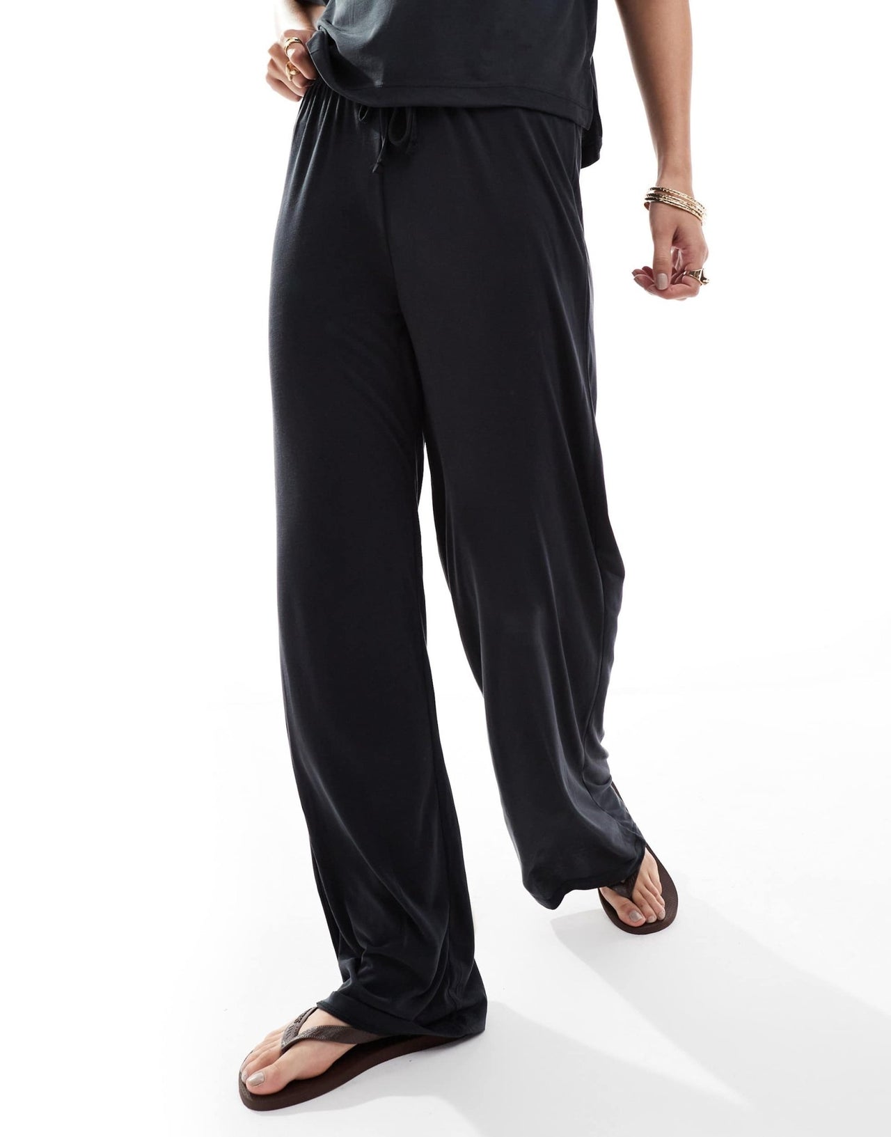 Pieces slinky super soft wide leg trouser co - ord in black - ASOS Sample Sale