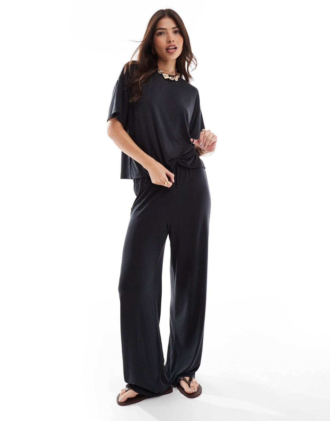 Pieces slinky super soft wide leg trouser co - ord in black - ASOS Sample Sale