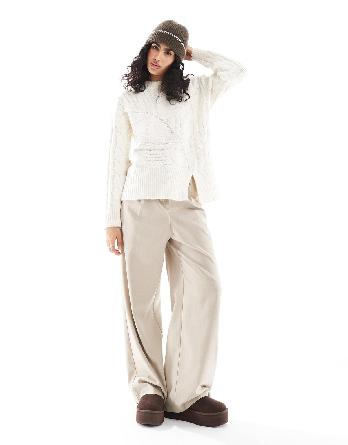 Pieces spliced cable knit detail jumper with split front in cream - ASOS Sample Sale