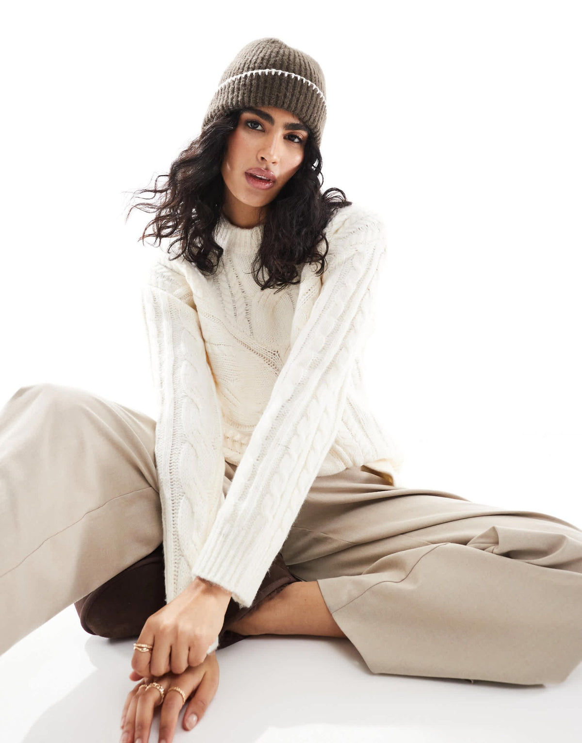 Pieces spliced cable knit detail jumper with split front in cream - ASOS Sample Sale