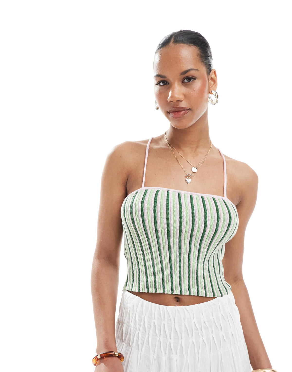 Pieces textured knit cropped top with cami straps in green stripe - ASOS Sample Sale