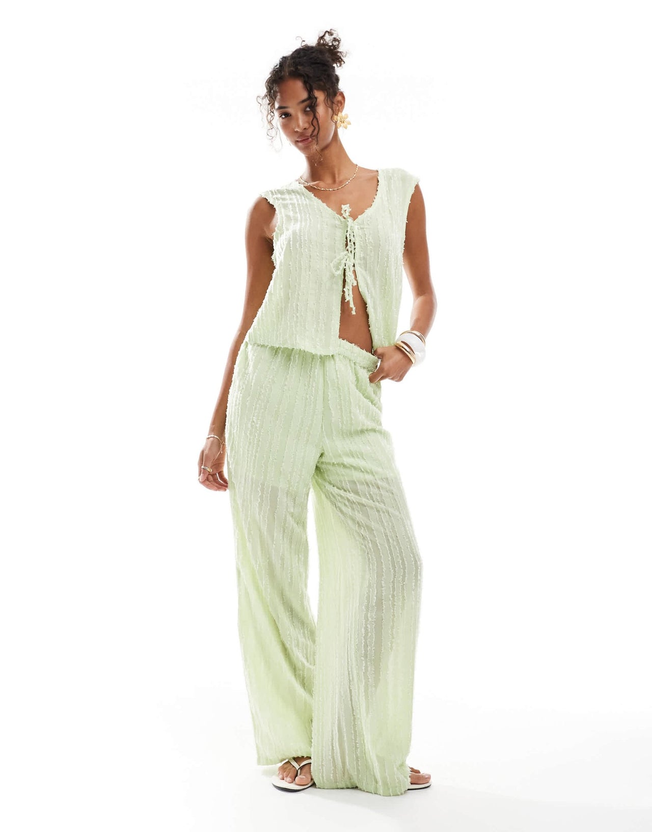 Pieces textured wide leg trouser co-ord in gleam green - ASOS Sample Sale