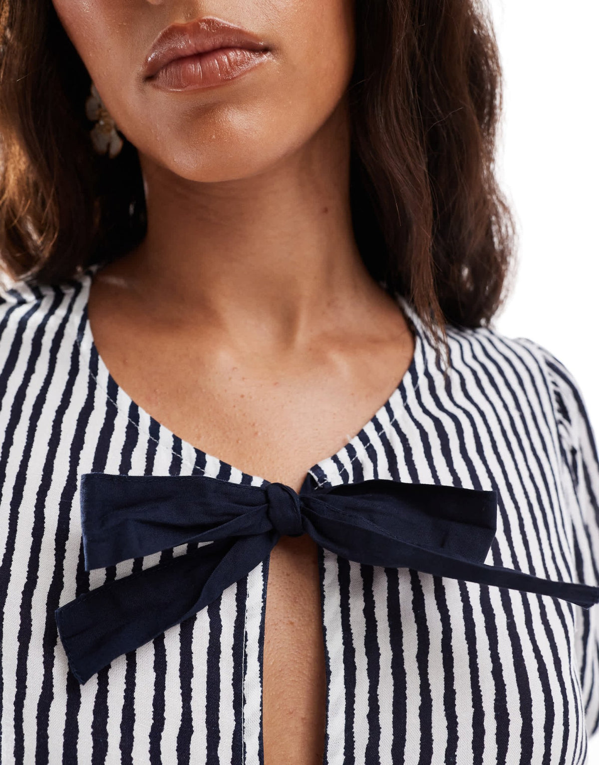 Pieces tie front short sleeve peplum hem top co-ord in navy and white stripe - ASOS Sample Sale