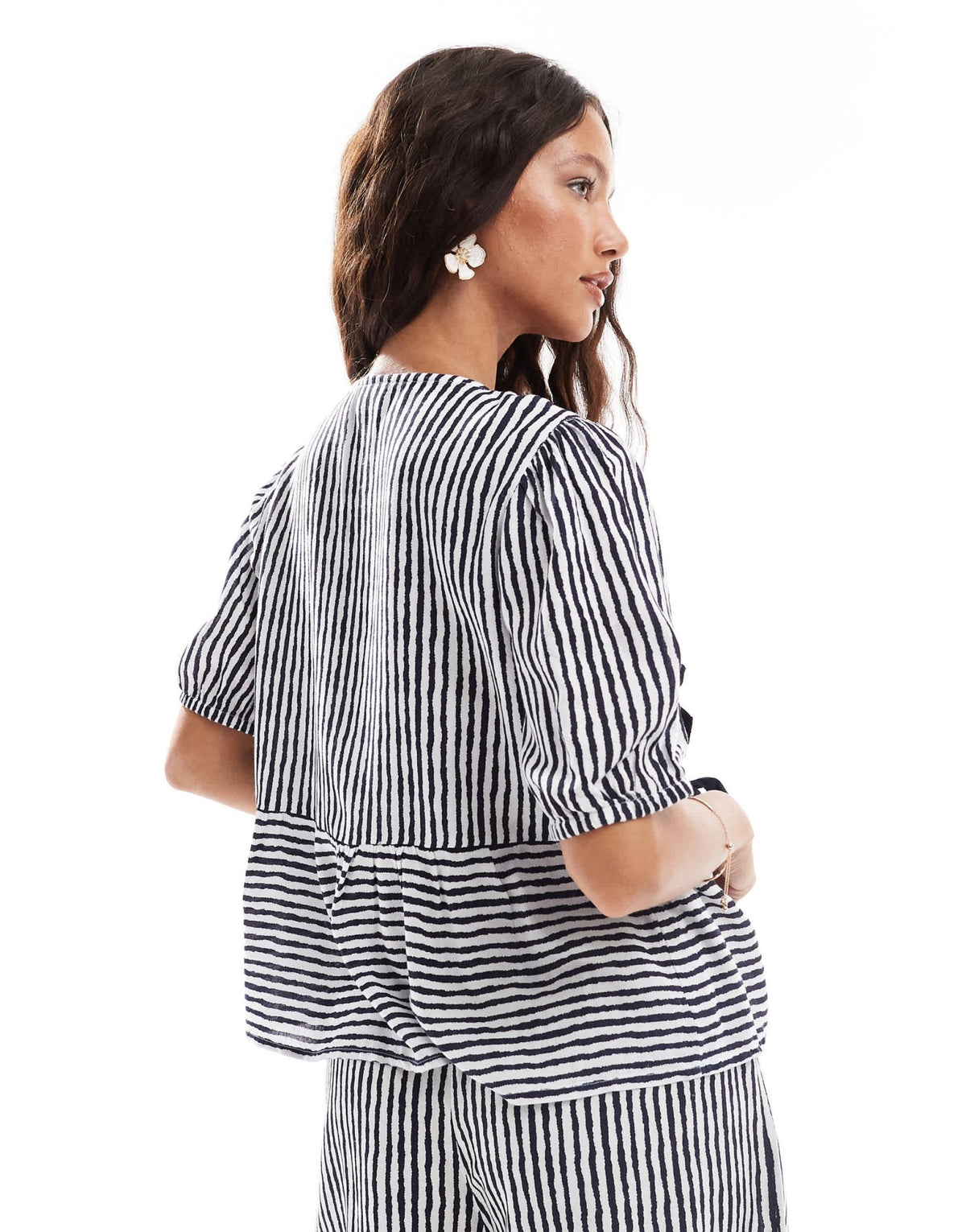 Pieces tie front short sleeve peplum hem top co-ord in navy and white stripe - ASOS Sample Sale