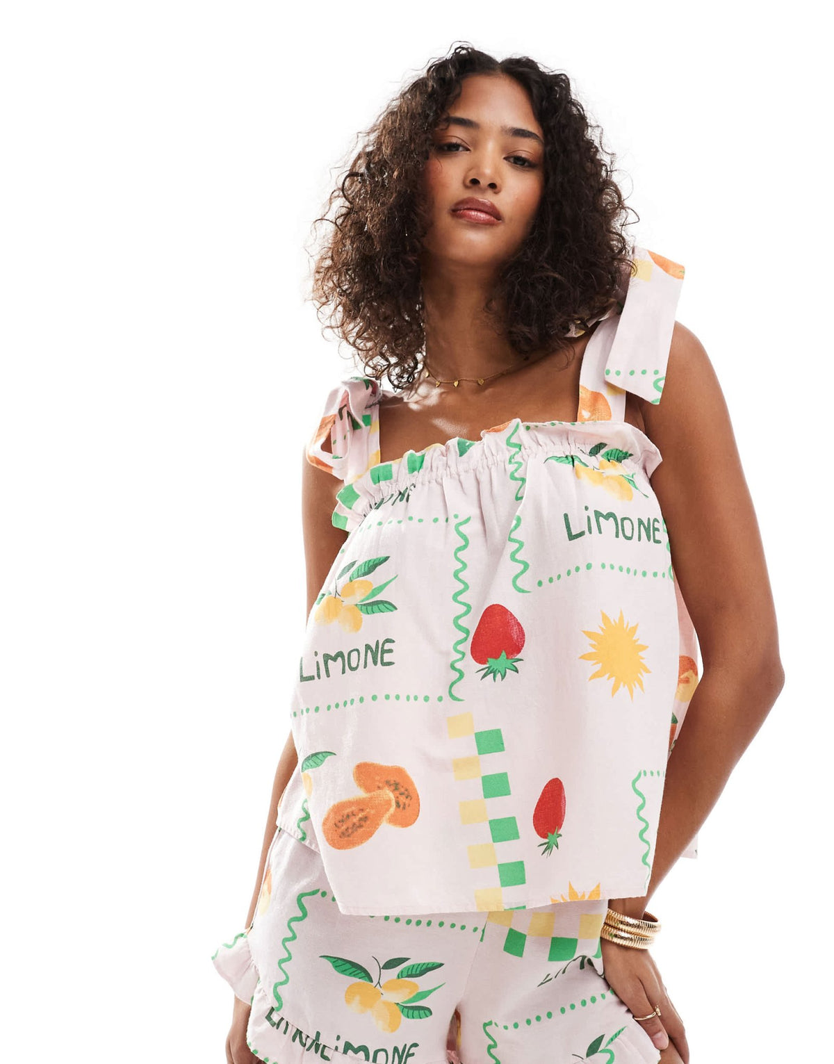 Pieces tie shoulder smock top co-ord in pale pink based fruit print - ASOS Sample Sale