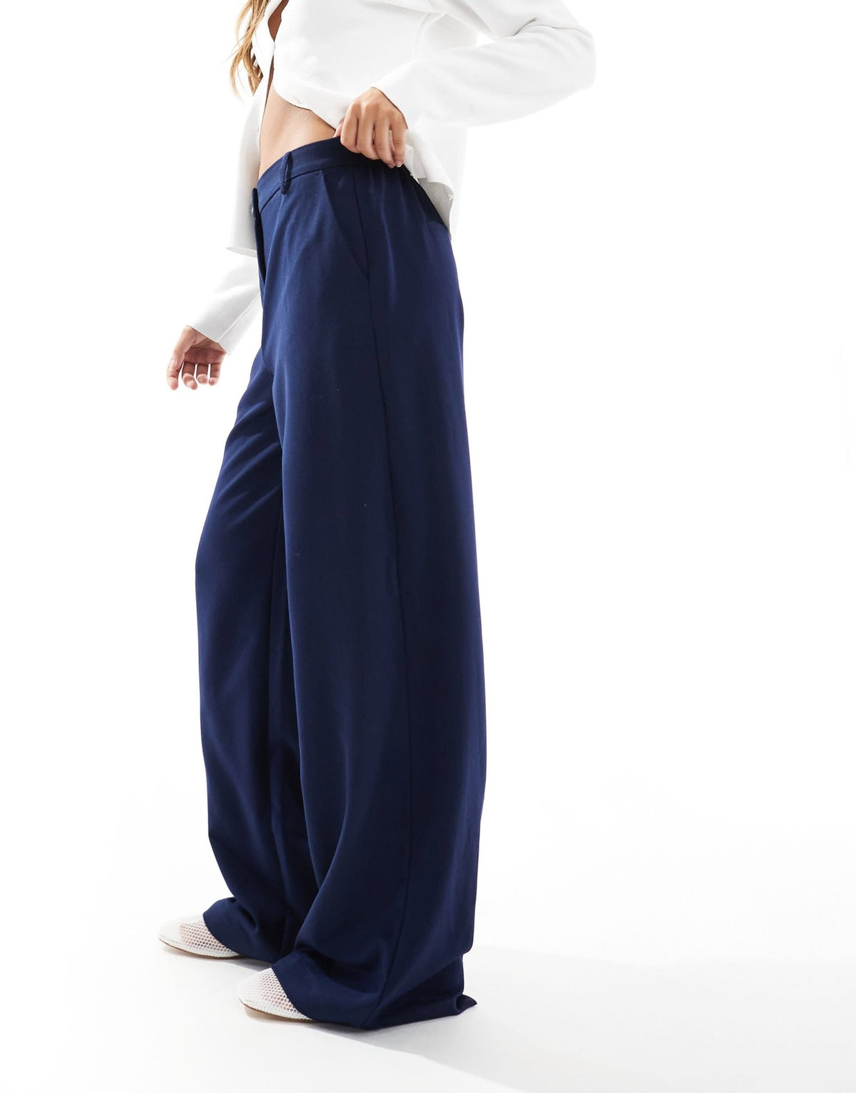 Pieces wide leg dad trousers with belt loops in navy - ASOS Sample Sale
