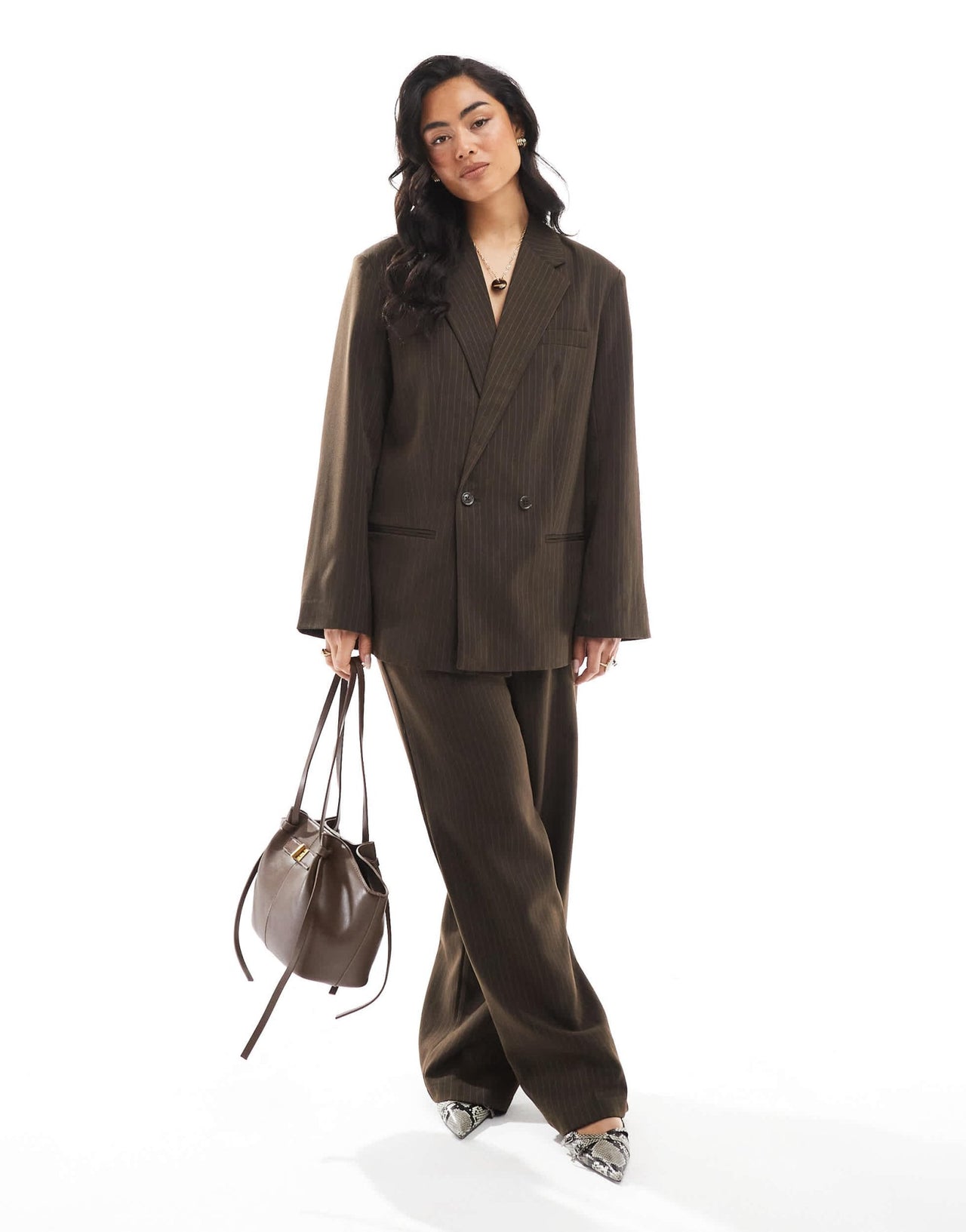 Pieces wide leg tailored trousers co-ord in chocolate brown pinstripe - ASOS Sample Sale