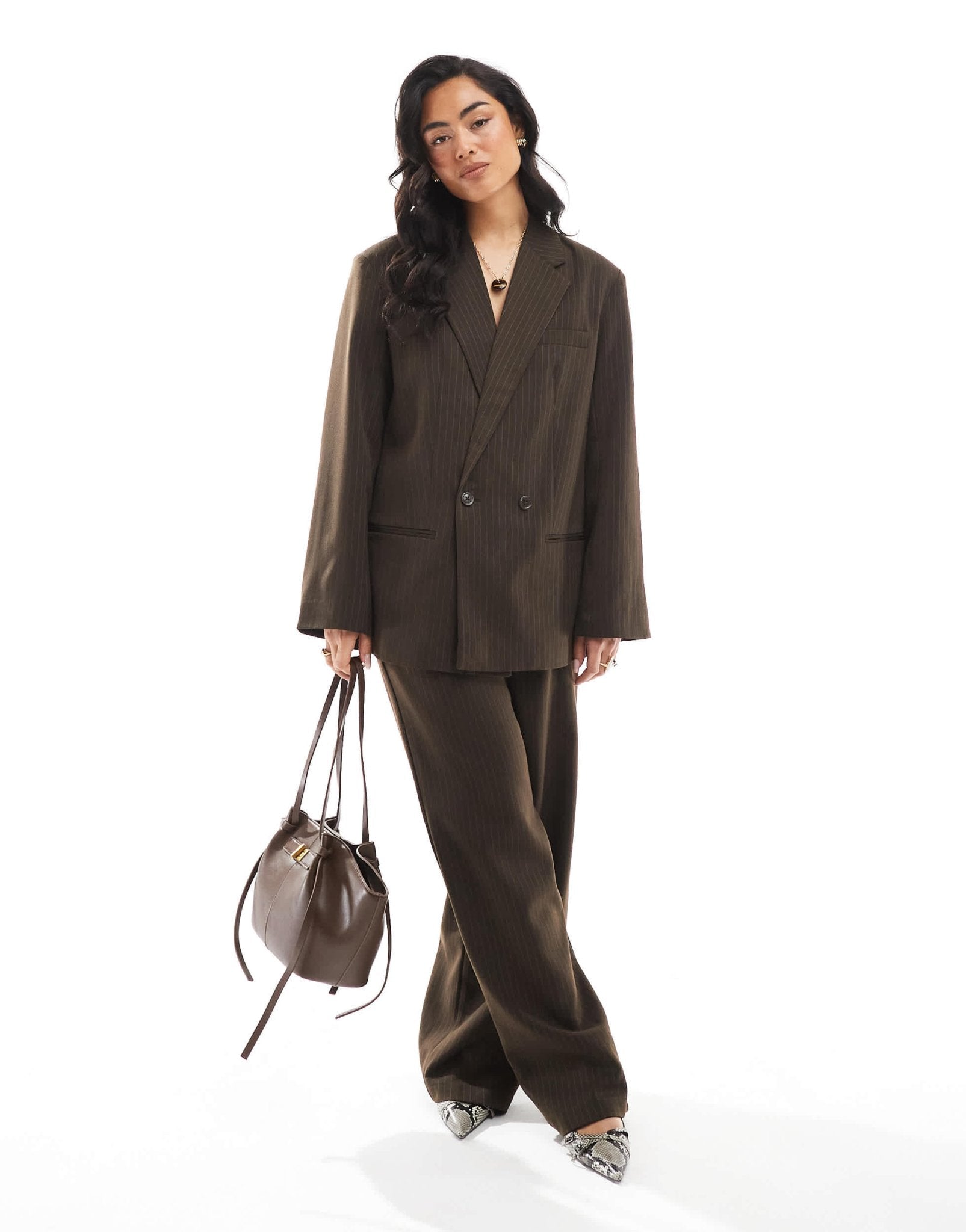 Pieces wide leg tailored trousers co-ord in chocolate brown pinstripe - ASOS Sample Sale