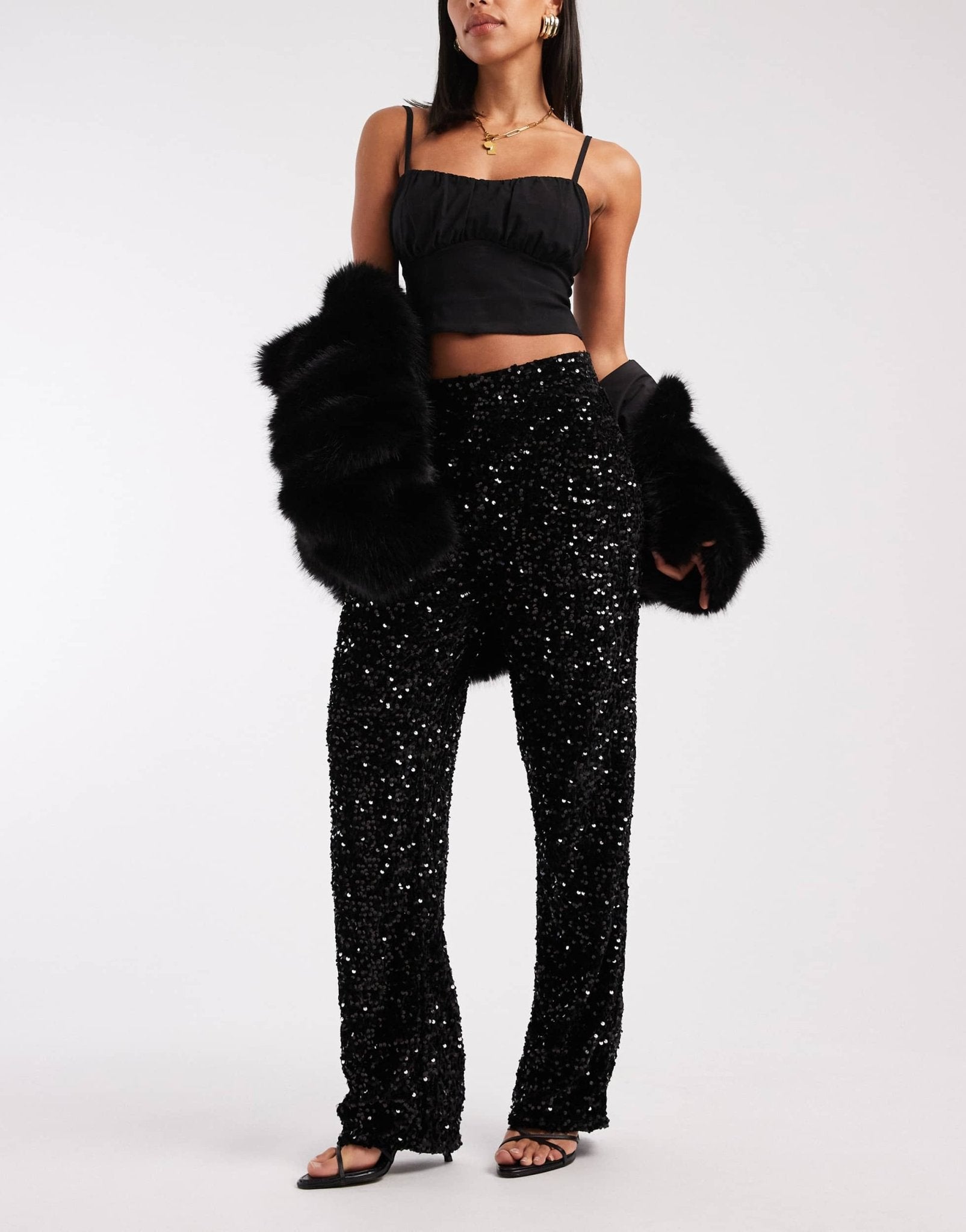 Pieces wide leg velour sequin trousers in black - ASOS Sample Sale