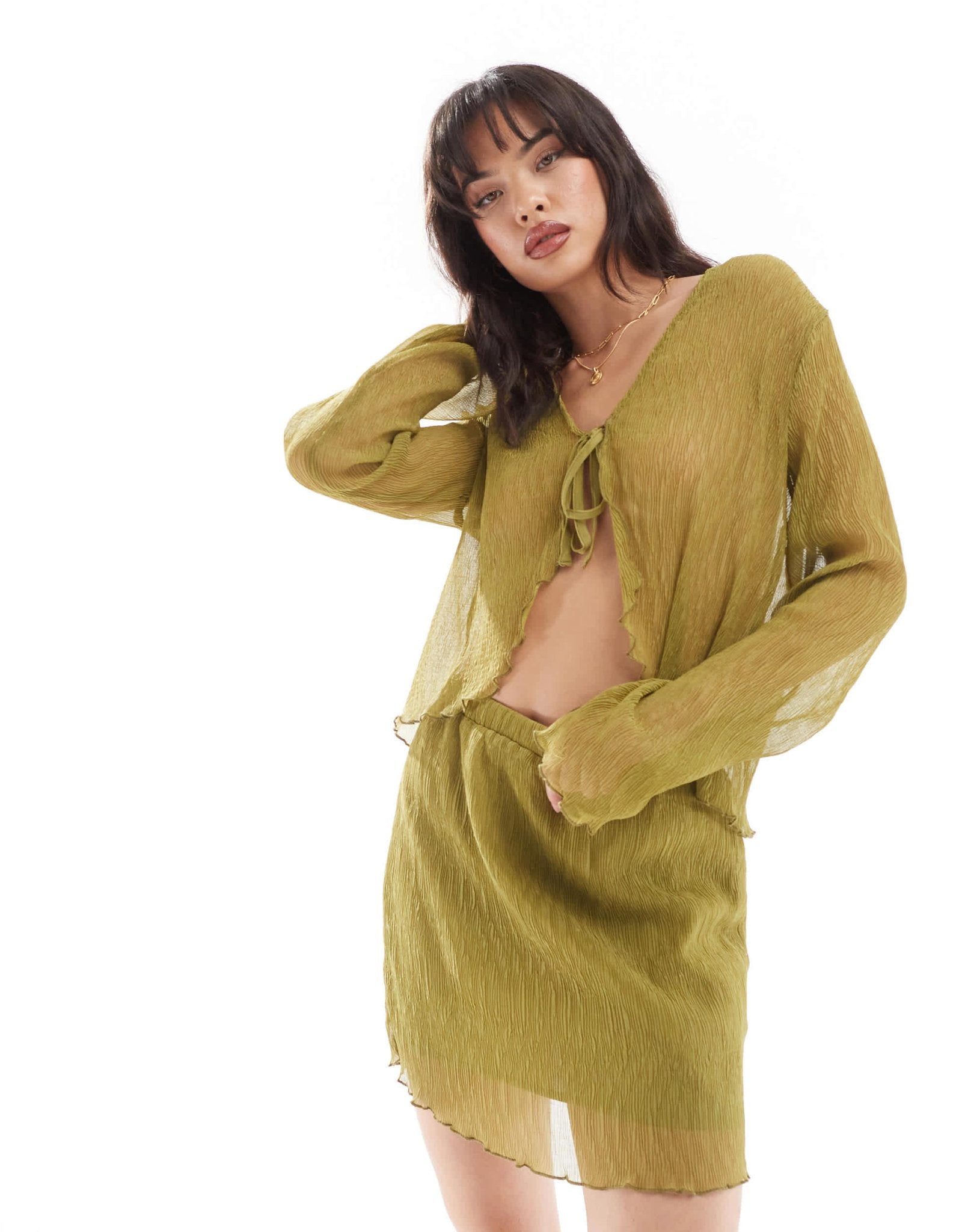Pieces woven sheer plisse mini skirt co - ord in green - ASOS Sample Sale