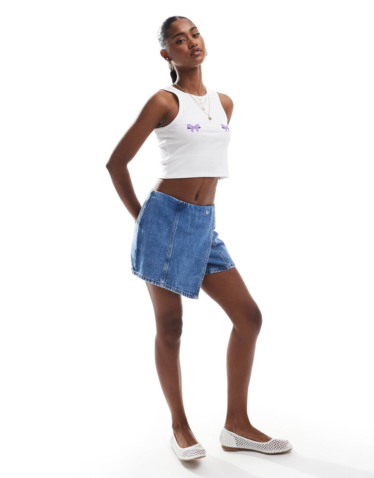 Pieces wrap front denim mini skort in mid blue - ASOS Sample Sale