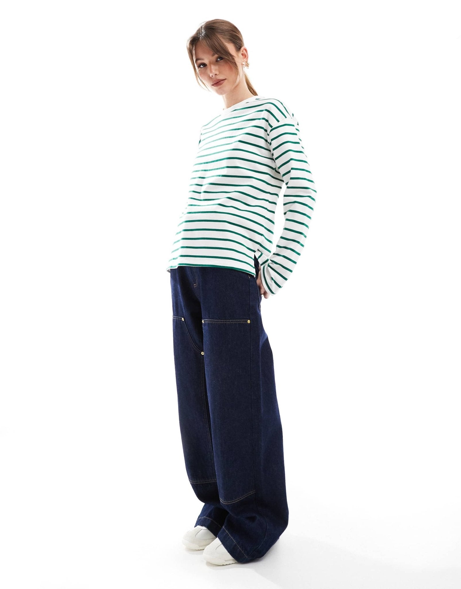 Pimkie crew neck long sleeve t-shirt in white and green stripe - ASOS Sample Sale