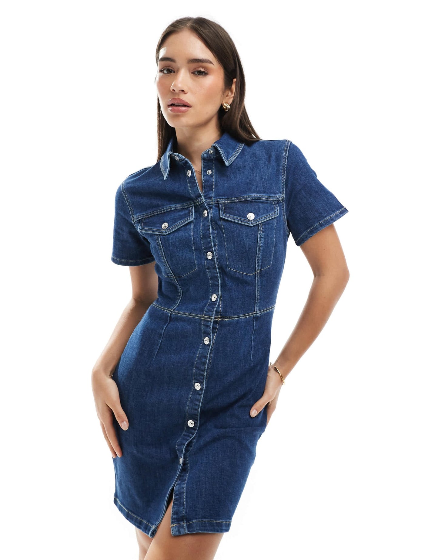 Pimkie denim cinched waist button through mini dress in blue wash - ASOS Sample Sale