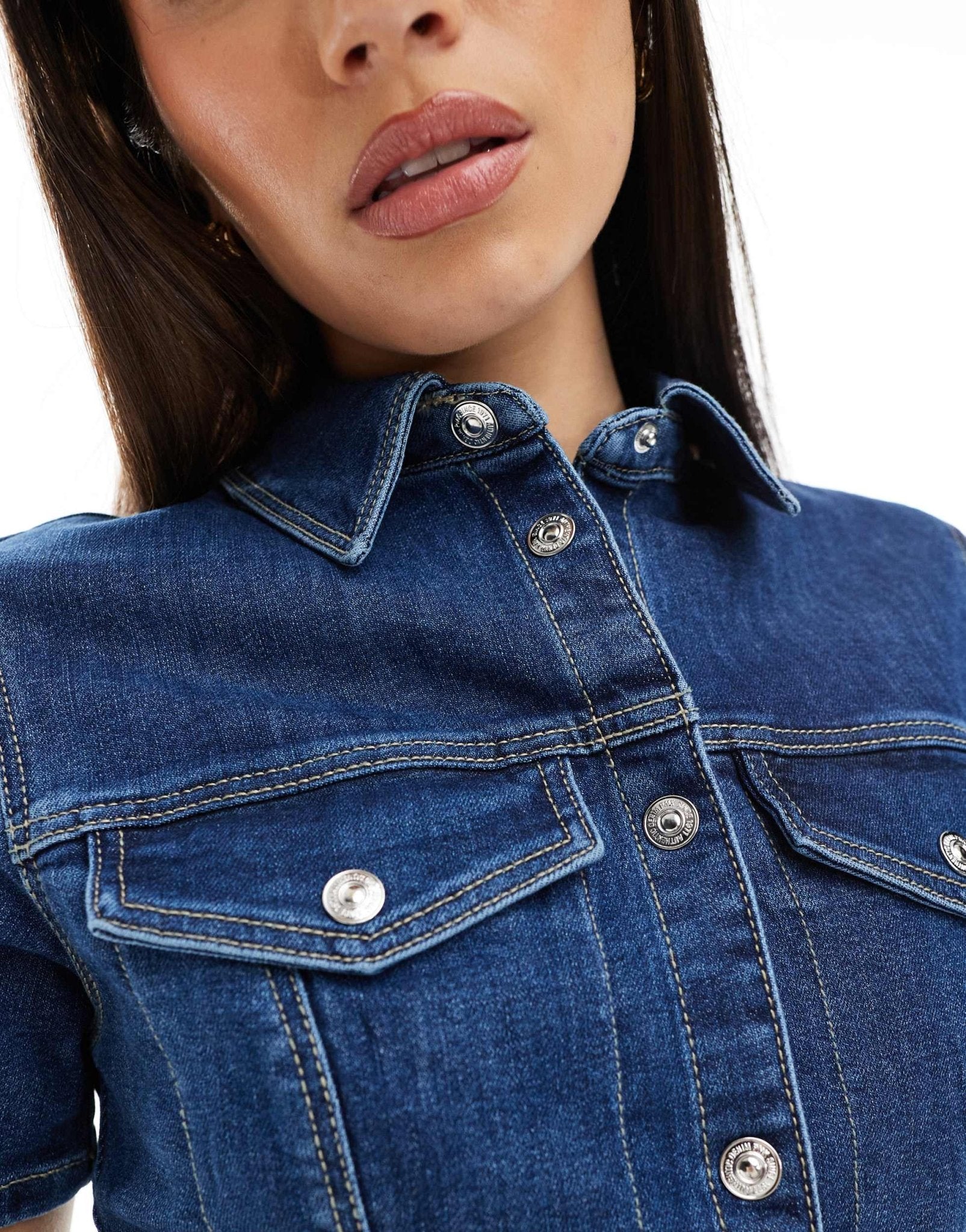 Pimkie denim cinched waist button through mini dress in blue wash - ASOS Sample Sale