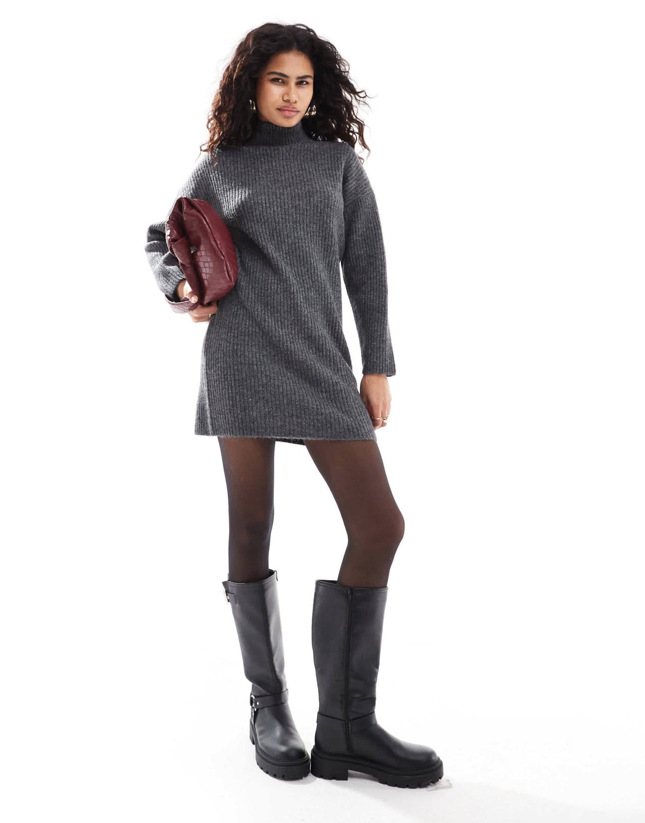 Pimkie high neck knitted mini jumper dress in charcoal - ASOS Sample Sale