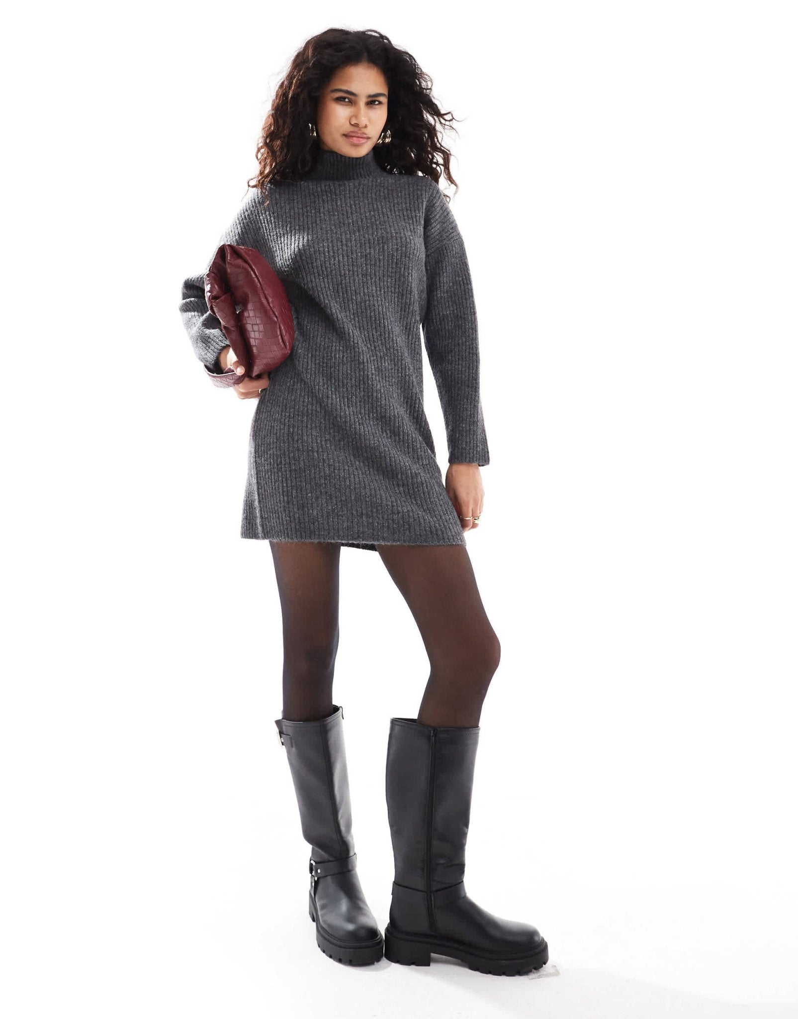 Pimkie high neck knitted mini jumper dress in charcoal - ASOS Sample Sale
