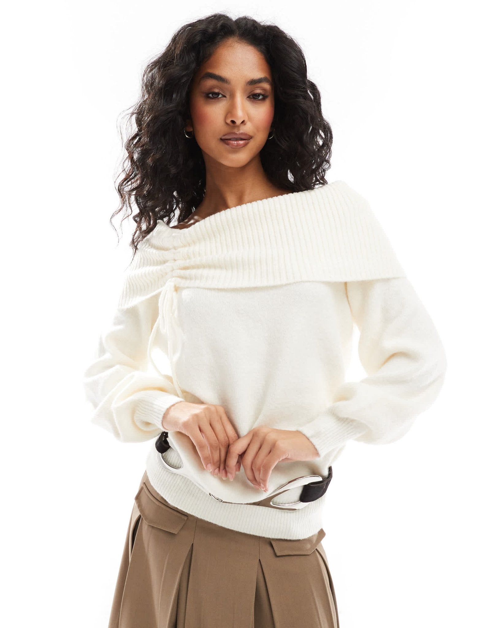 Pimkie knitted bardot ruched detail jumper in white – ASOS Sample Sale