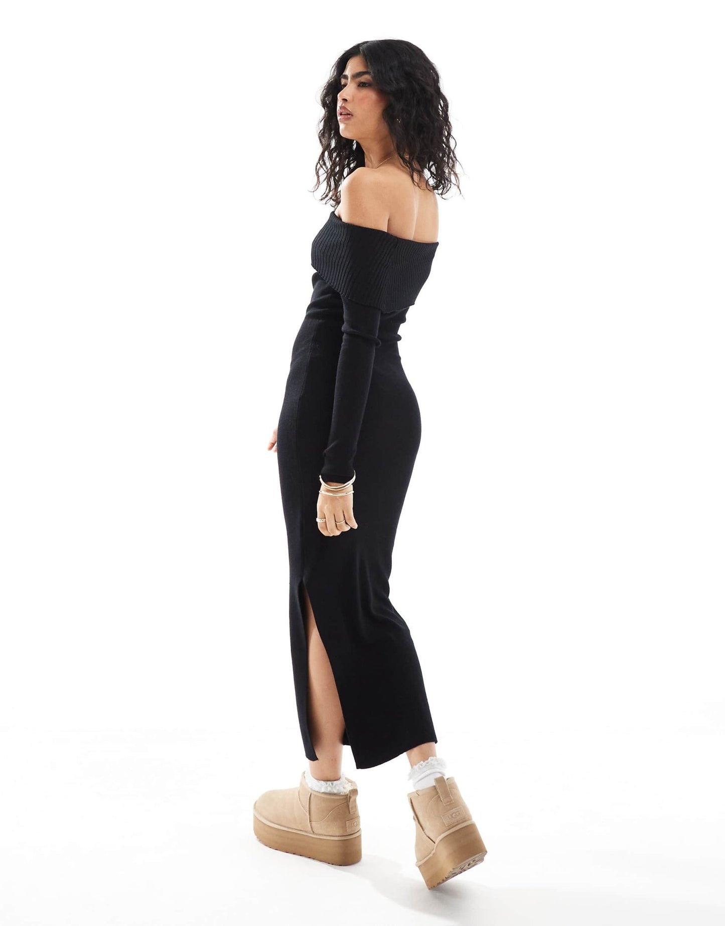 Pimkie knitted rib bardot midaxi jumper dress in black - ASOS Sample Sale