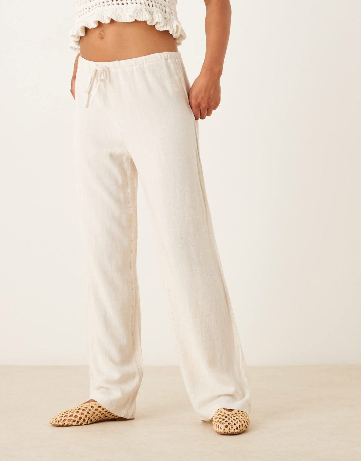 Pimkie linen blend drawstring tie waist wide leg trousers in ecru - ASOS Sample Sale