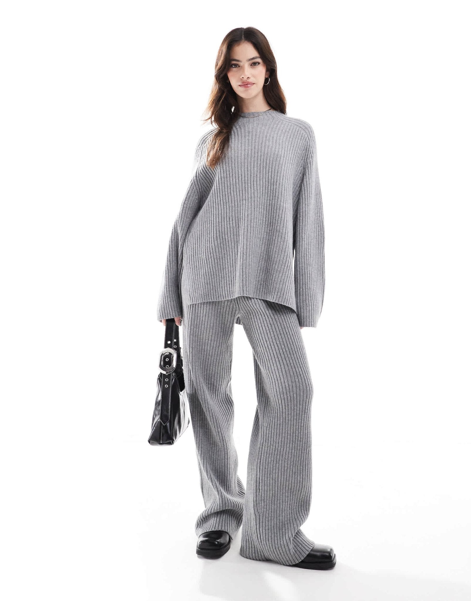 Pimkie ribbed knit wide leg trouser co - ord in light grey - ASOS Sample Sale