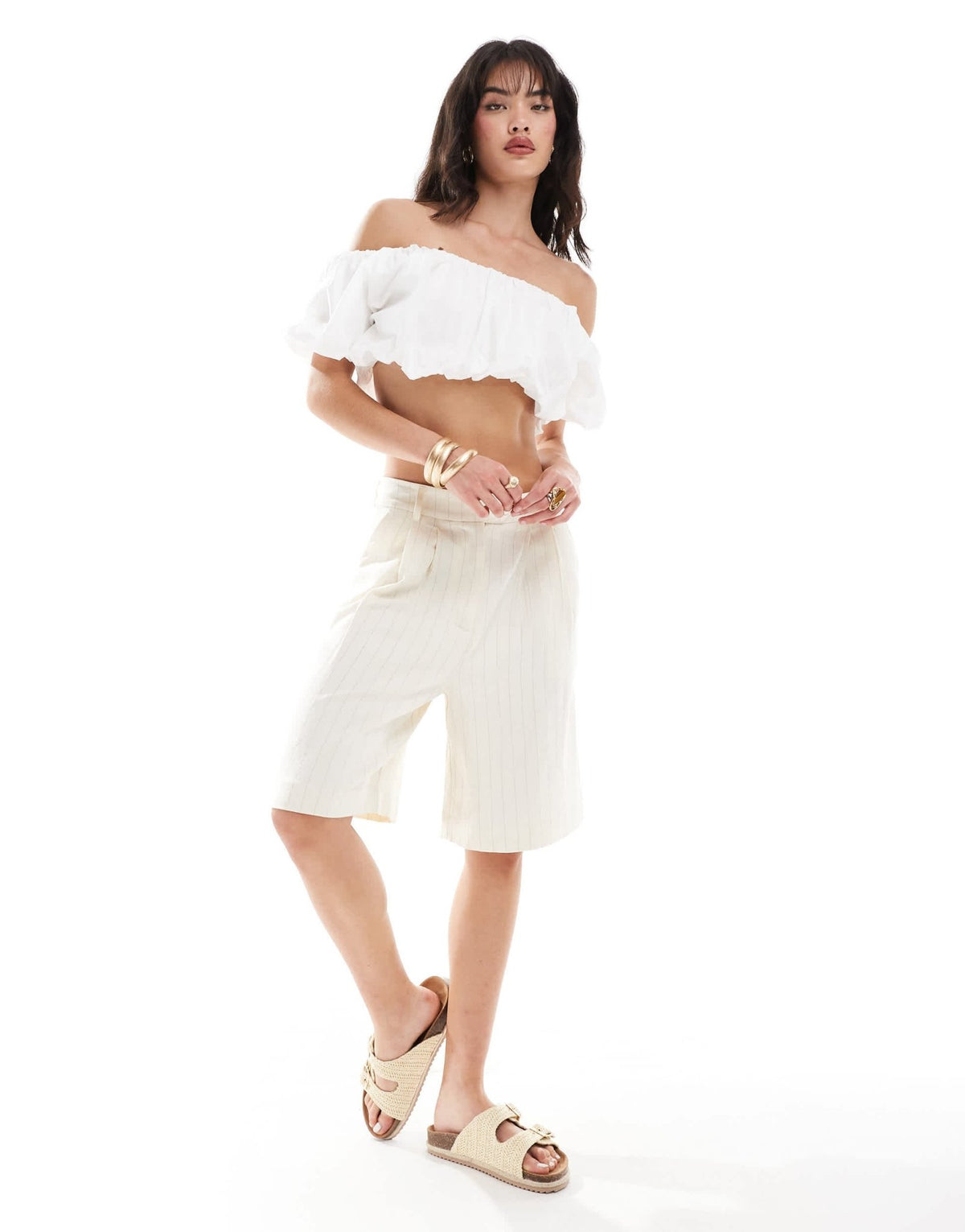 Pimkie ruched bardot crop top in white - ASOS Sample Sale