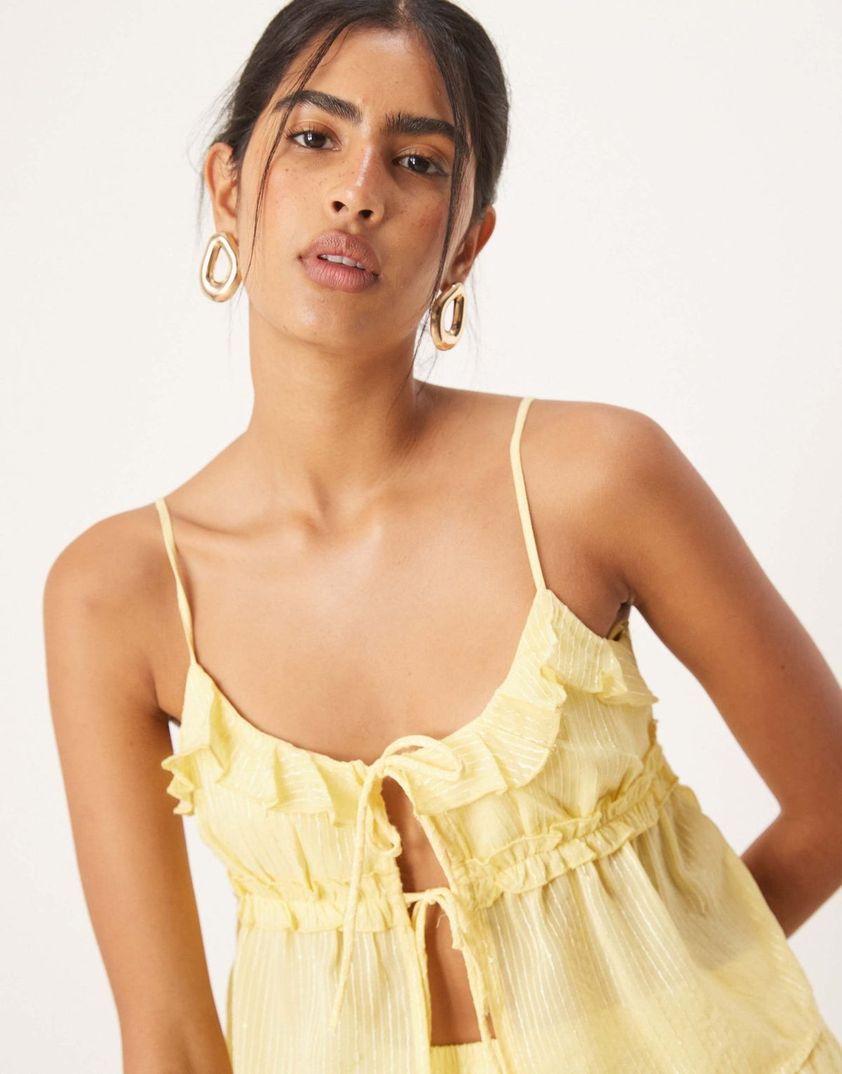 Pimkie ruffle tie front cami top co-ord in yellow stripe - ASOS Sample Sale