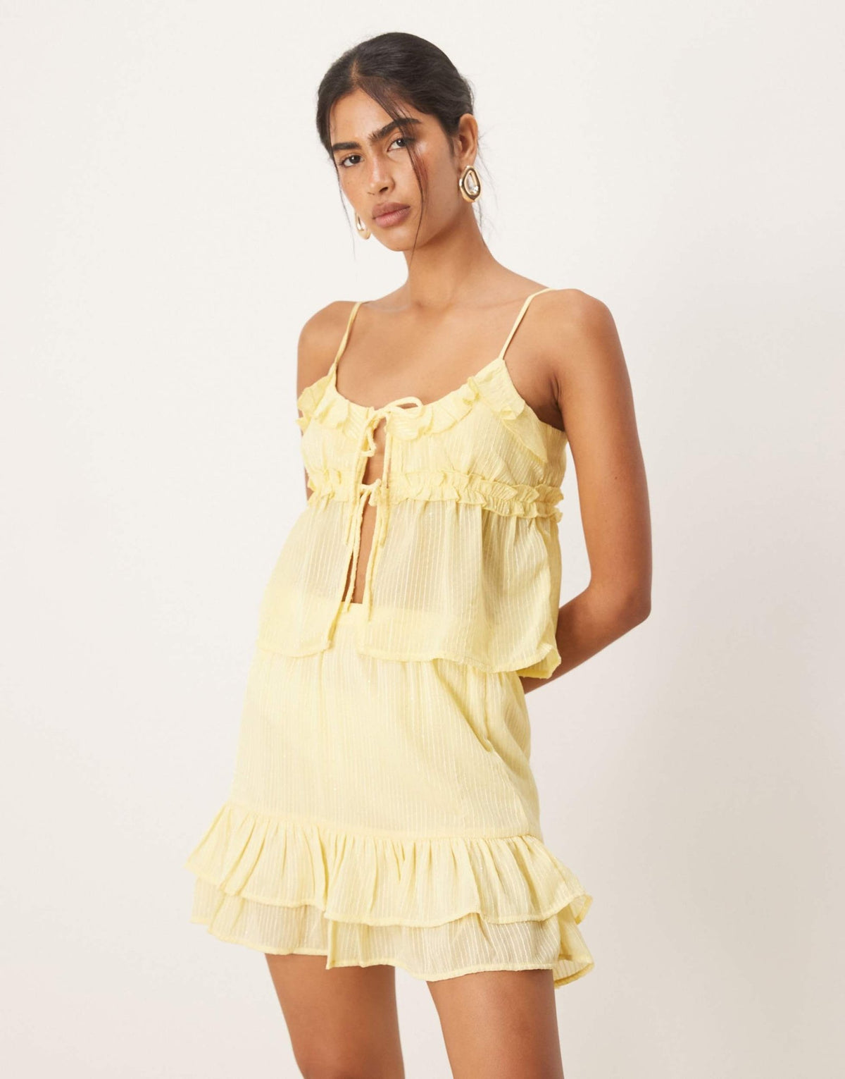 Pimkie ruffle tie front cami top co-ord in yellow stripe - ASOS Sample Sale