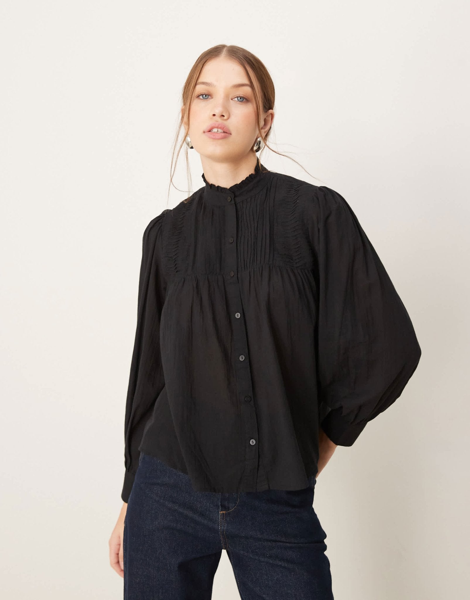 Pimkie sheer pleated detail high neck shirt in black - ASOS Sample Sale