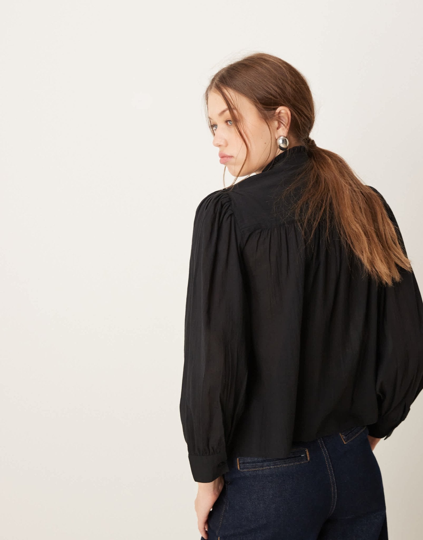 Pimkie sheer pleated detail high neck shirt in black - ASOS Sample Sale