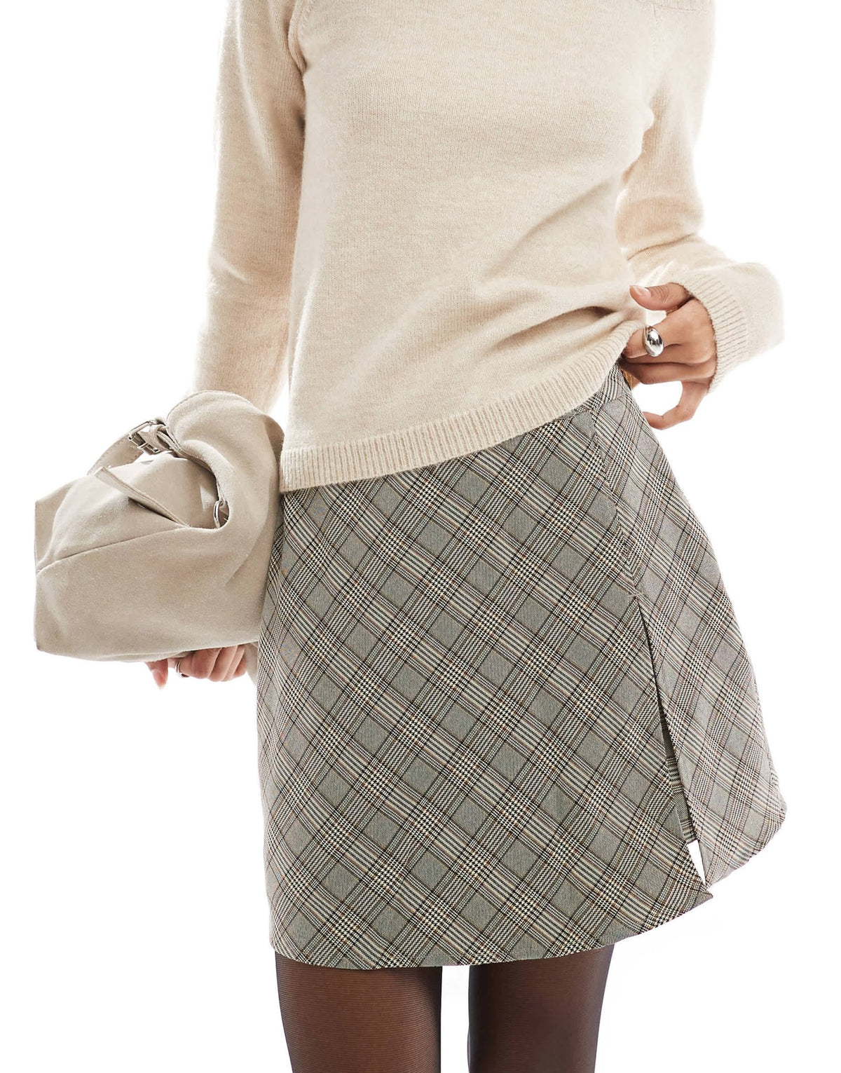 Pimkie side split skort in grey check - ASOS Sample Sale