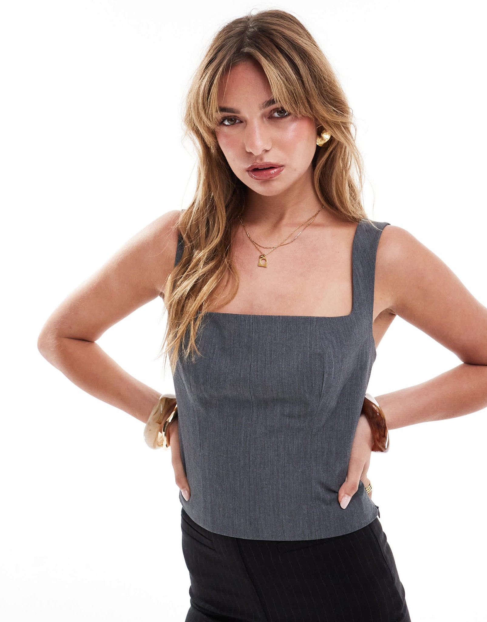 Pimkie tailored square neck top in grey - ASOS Sample Sale