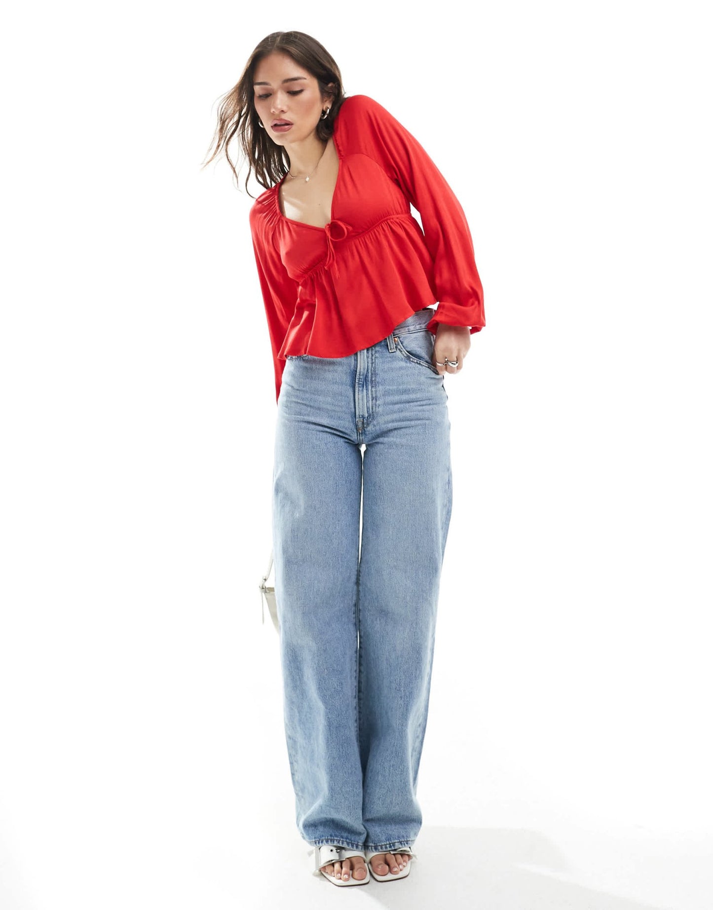 Pimkie tie front long sleeve peplum top in red - ASOS Sample Sale