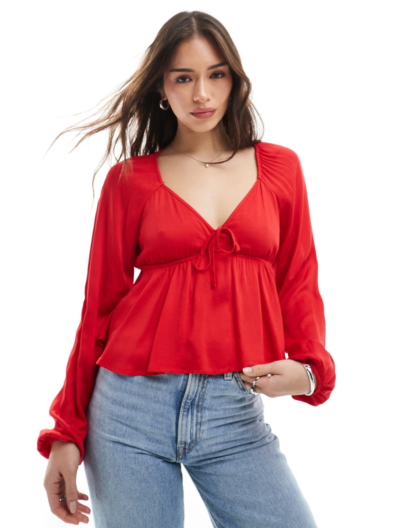 Pimkie tie front long sleeve peplum top in red - ASOS Sample Sale