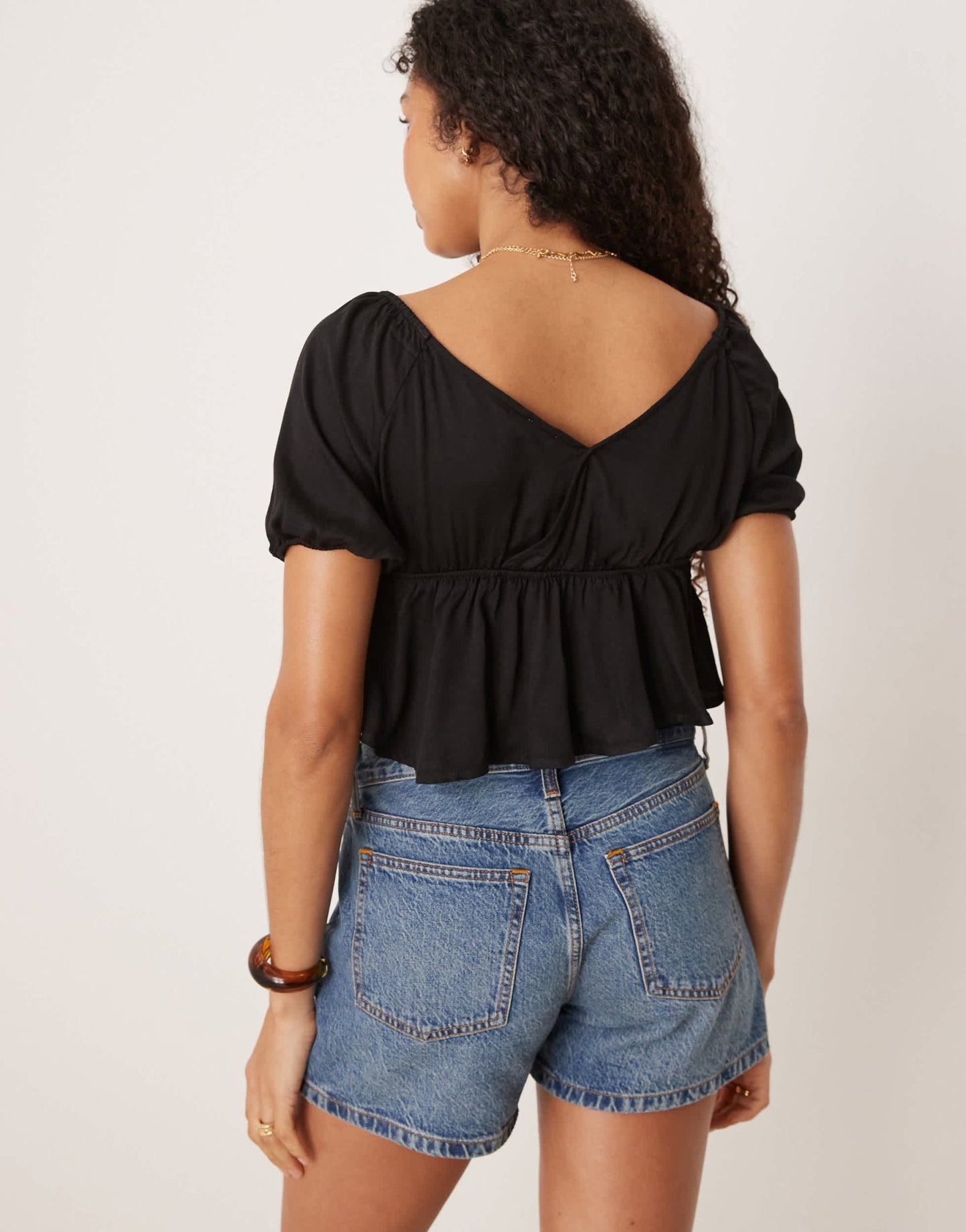 Pimkie tie front puff sleeve peplum blouse in black - ASOS Sample Sale