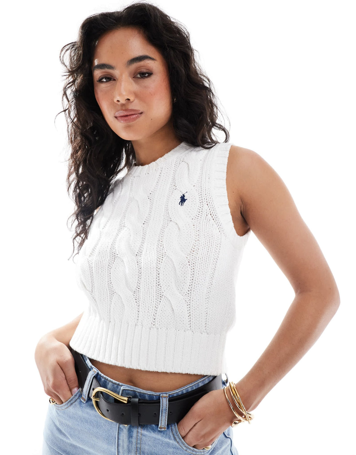 Polo Ralph Lauren cable knit sleeveless jumper with logo in white - ASOS Sample Sale