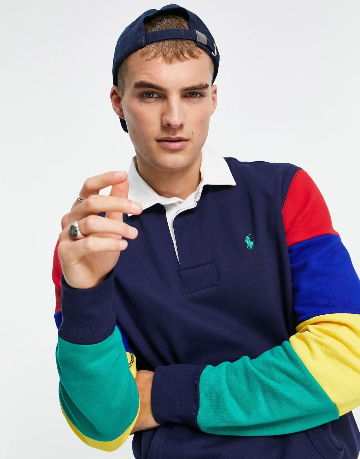 Polo Ralph Lauren contrast collar rainbow sleeve colourblock sweat rugby polo in navy - ASOS Sample Sale
