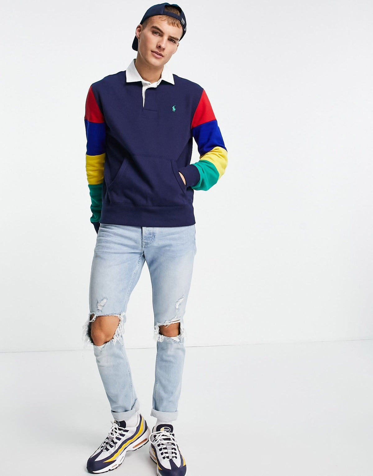 Polo Ralph Lauren contrast collar rainbow sleeve colourblock sweat rugby polo in navy - ASOS Sample Sale